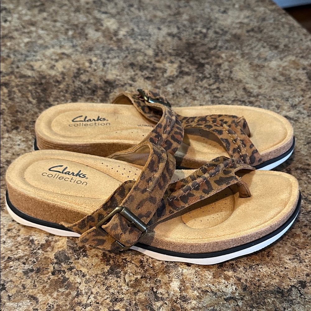 CLARKS BRYNN MADI LEATHER LEOPARD PRINT SANDALS WOMENS 8